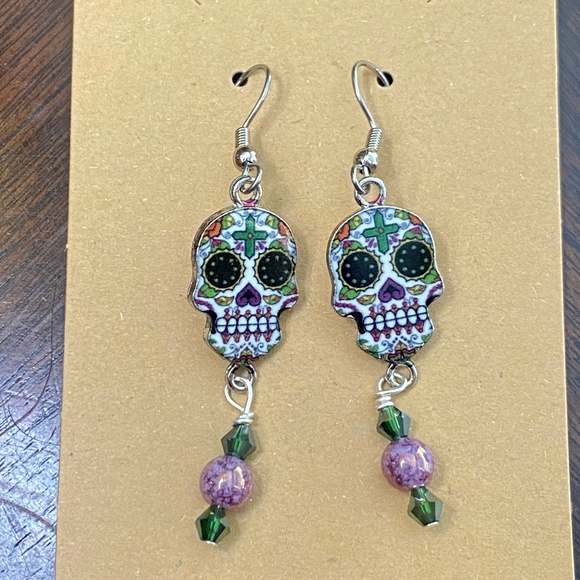 Sugar Skull Green & Purple Colored Beaded Earrings - Picture 1 of 6